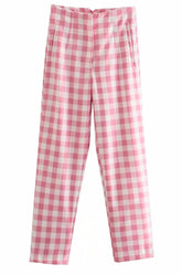 High Waist Sweet Pink Plaid Slim Long Pants